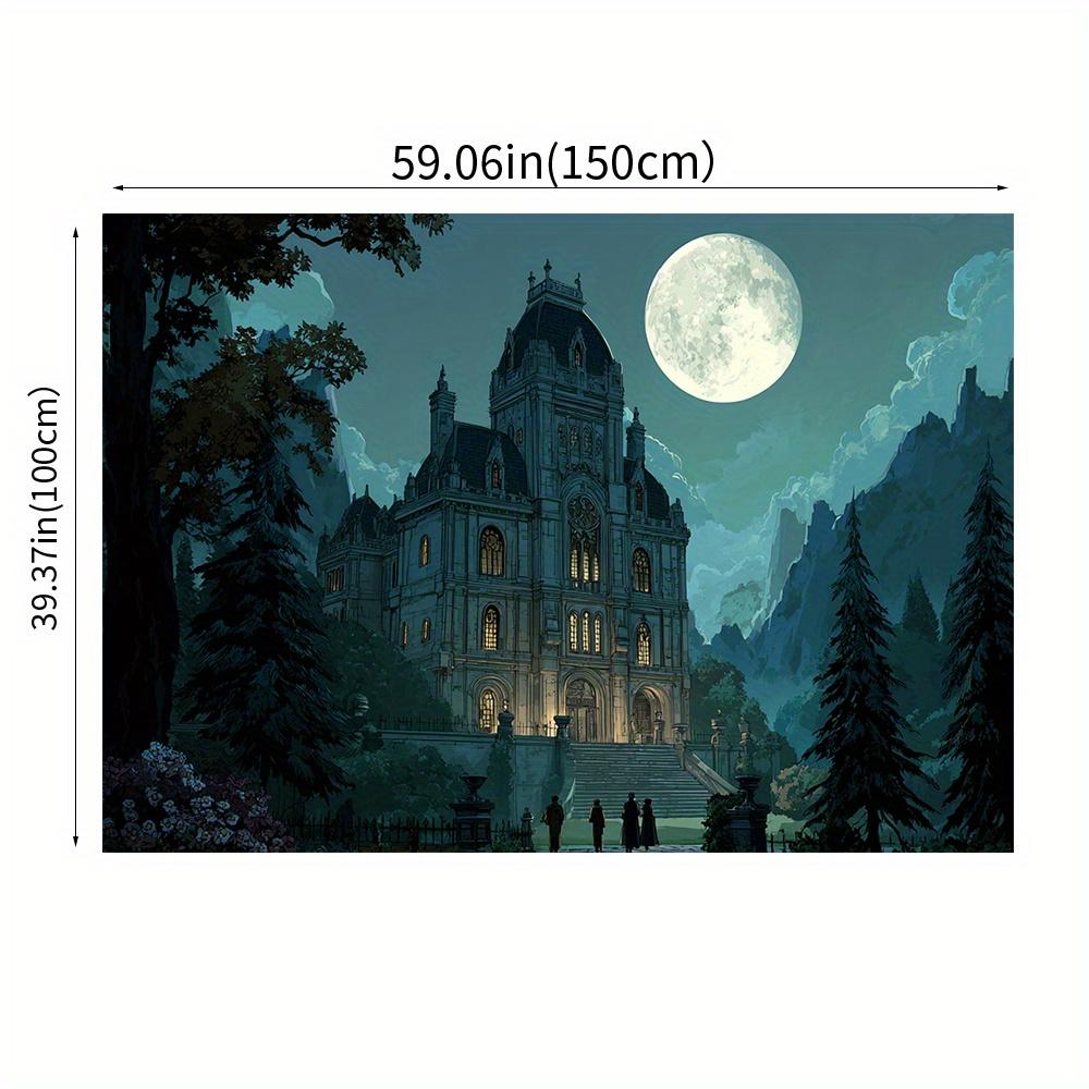 Gothic mansion night scene backdrop fabric, Halloween decorations, mysterious scenery, detailed artworks