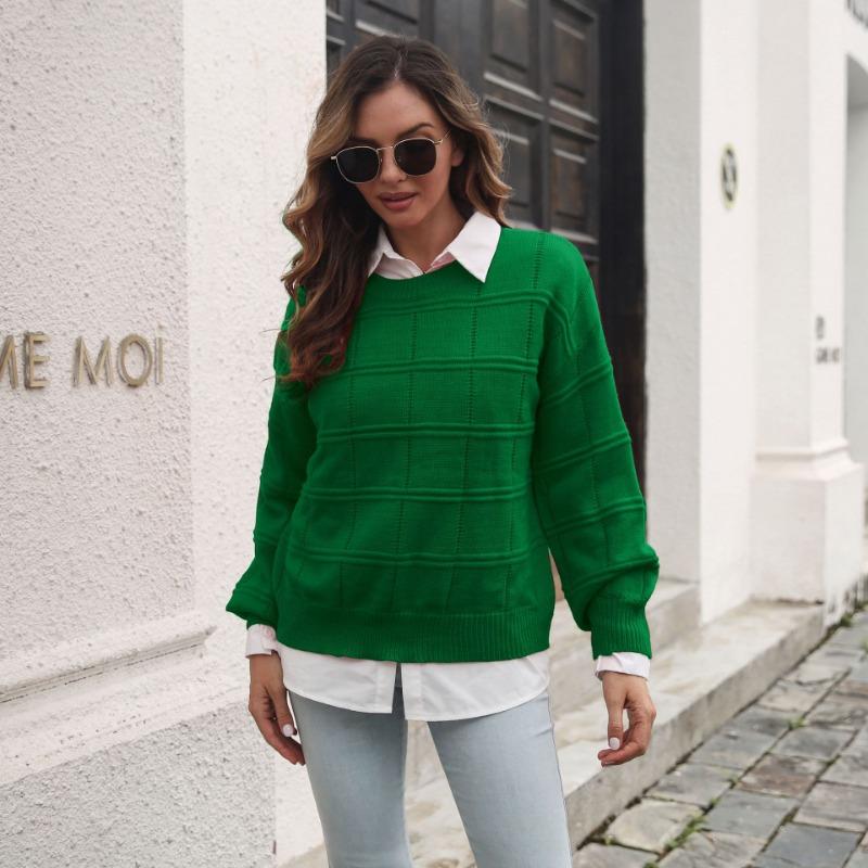 Women Loose Fit Long Sleeve Plaid Knit Sweater Autumn Winter