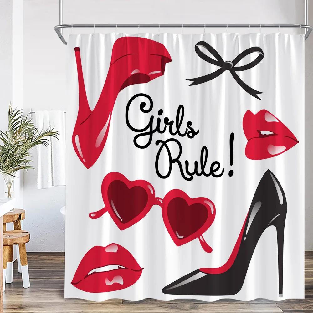 Rote High Heels Duschvorhänge Kosmetik Rote Lippen Rosa Badezimmerdekorationen Modernes Mode-Mädchen Schönheit Badevorhang mit Haken