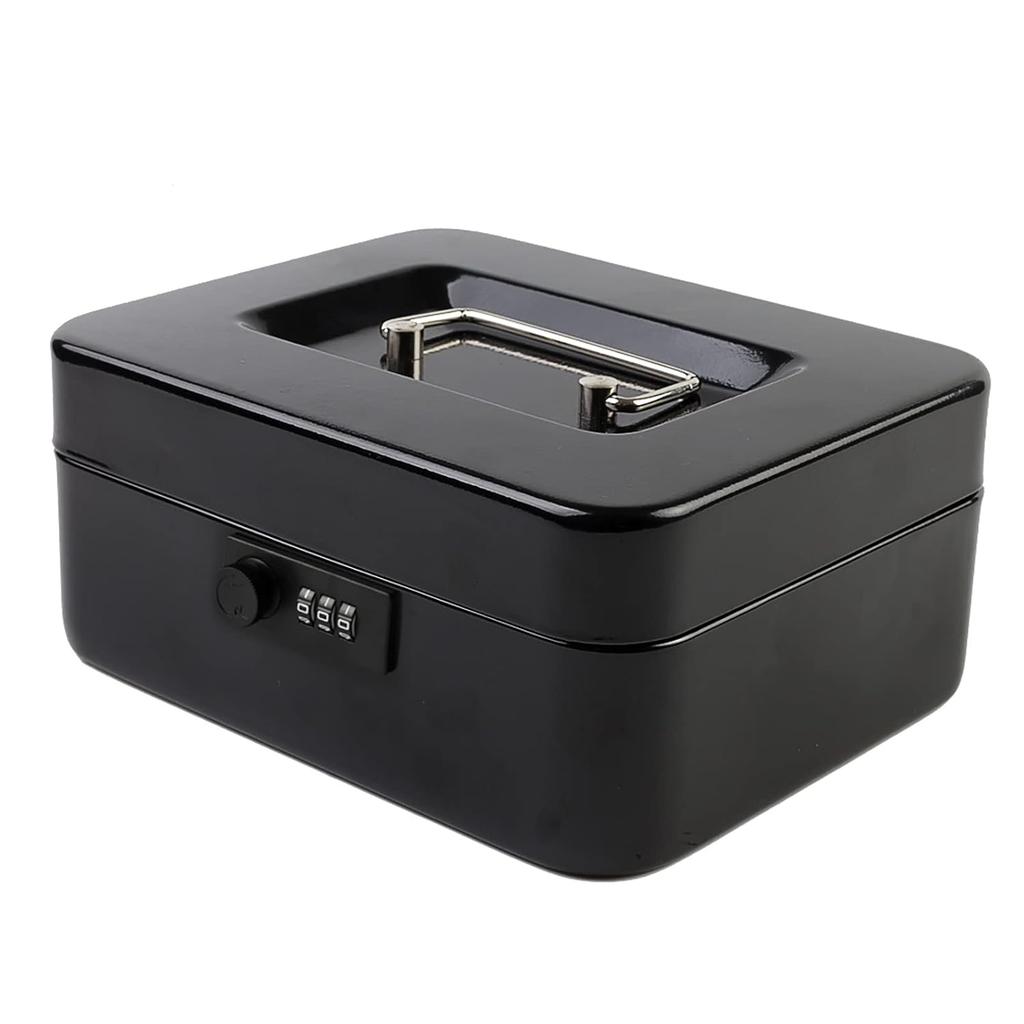 Indian Factory Metal Cash Box with Combination Lock, Money and Coin Organizer for Shop, Office and Home, Black, 16D x 19.8W x 9H Centimeters