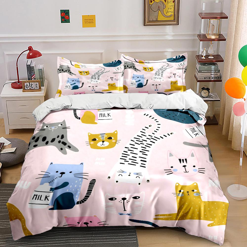 Cute cat pink background pattern Bedding Set for Kids Luxury Gift 3pcs Digital Print Comforter Set Soft Comfortable Breathable