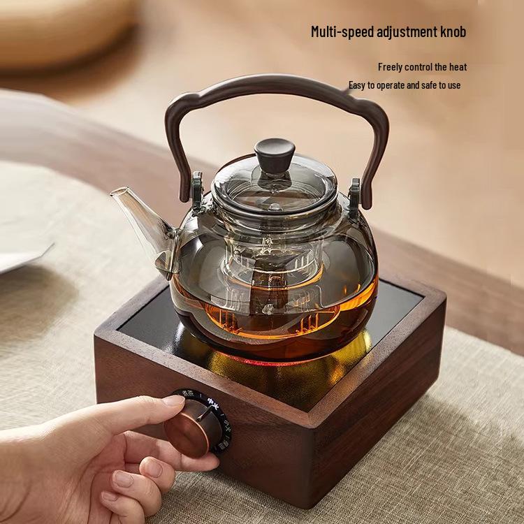 Walnut Wood Electric Ceramic Tea Brewing Set - Glass Kettle and Heat-Resistant Stove