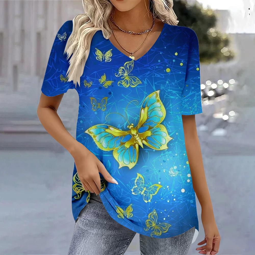 Nouveau T-shirt d'été pour femmes, décontracté, de haute qualité, 3D, à manches courtes et col en V