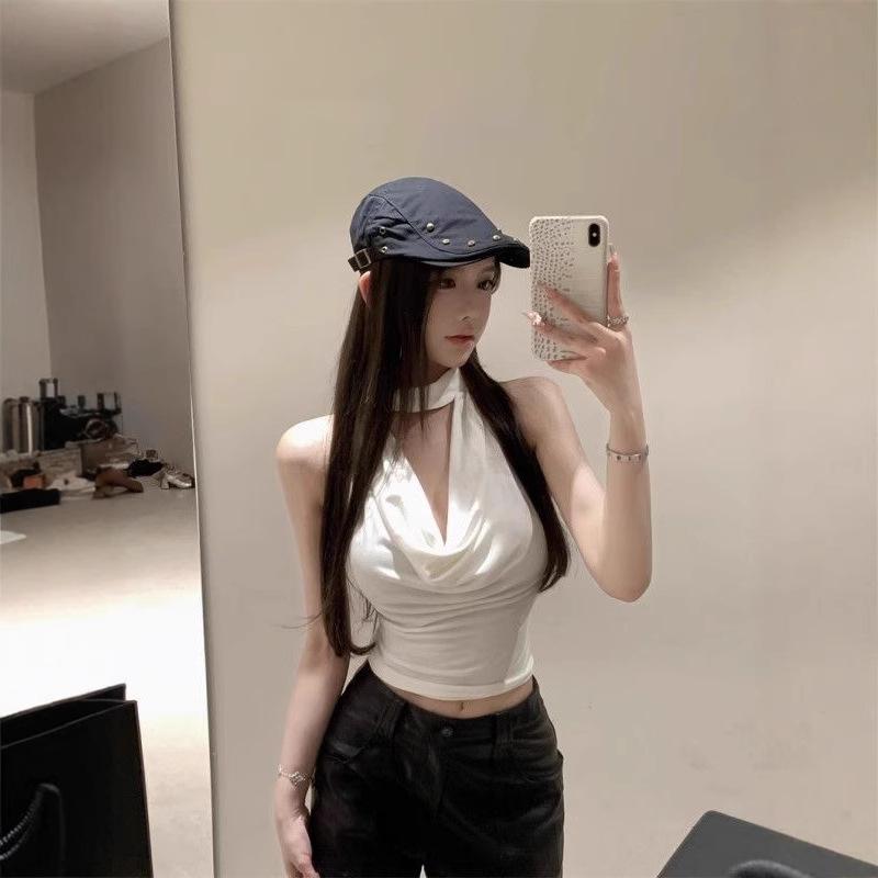 Khaki Backless Cowl Neck Halter Tank Top - Women's Summer Sleeveless Top