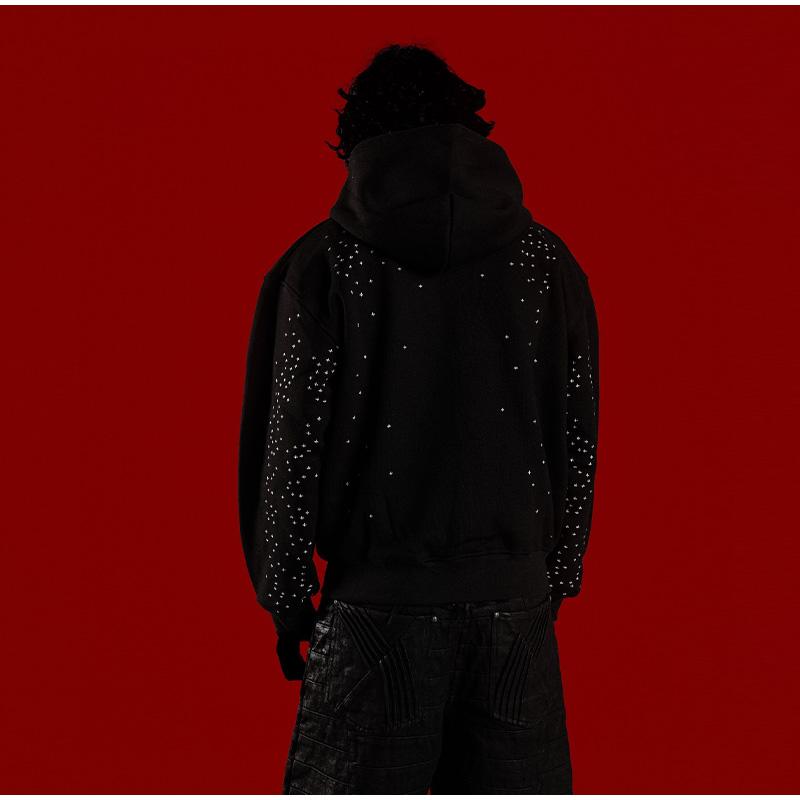 BeatStreet Chic Unisex Starry Sky Rhinestone Hoodie Women Modern Padded Shoulder Zipper Long Sleeve Jacket Street Casual Lady Sweatshirt