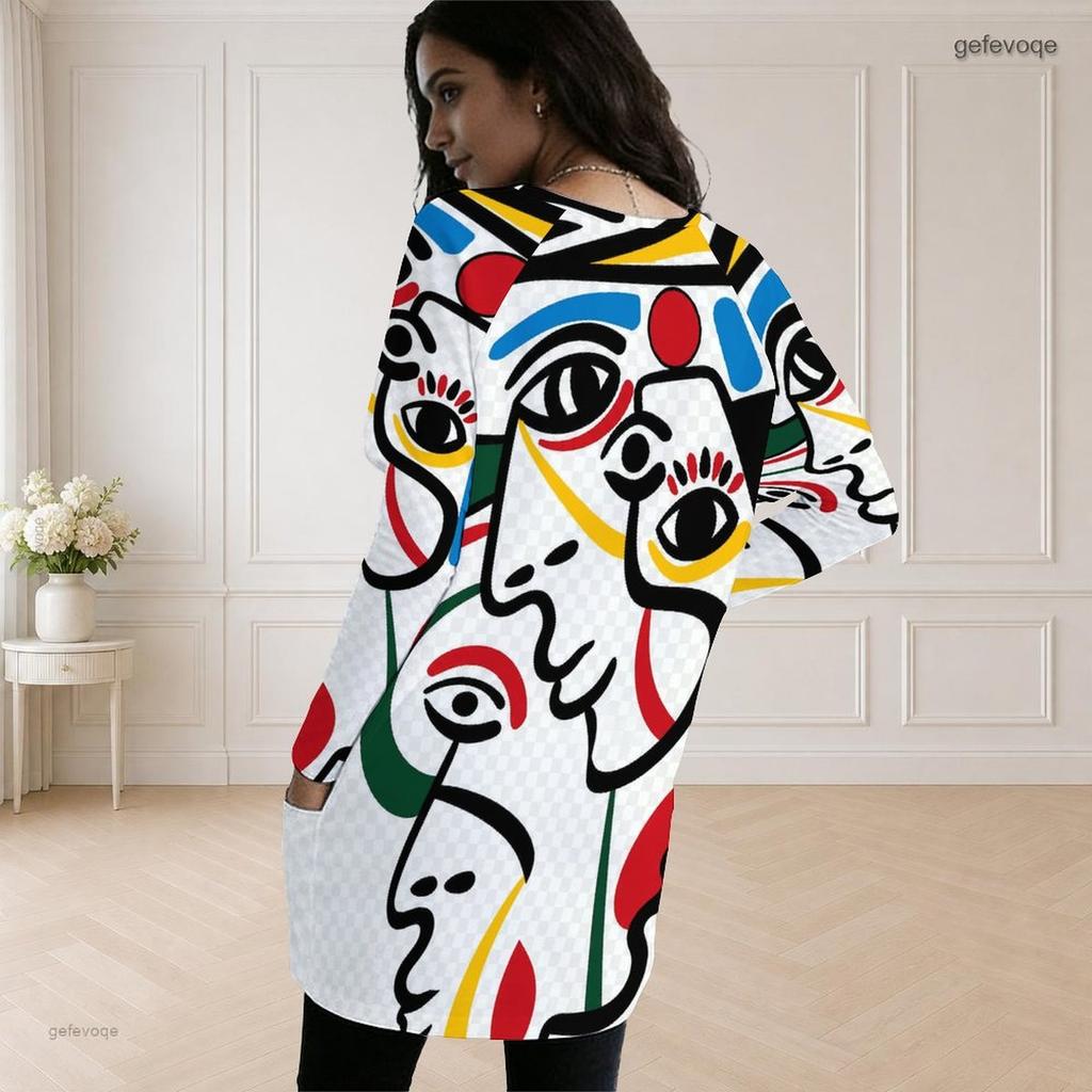 Women Plus Size Round Neck Long Sleeve Abstract Printed Loose Longline Top With Pockets