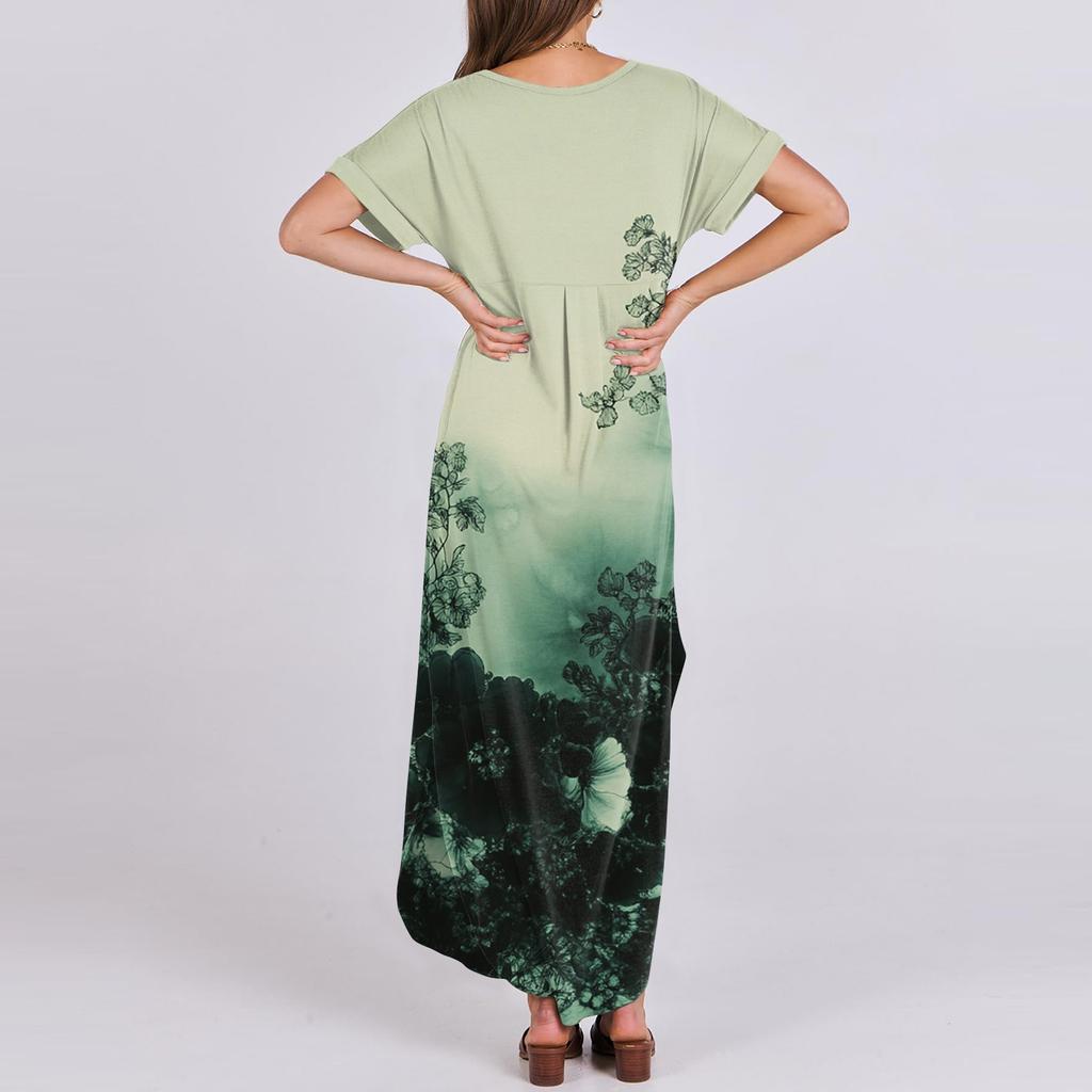 Dámské letní šaty s květinovým potiskem pro volný čas, plážové maxi šaty s krátkým rukávem