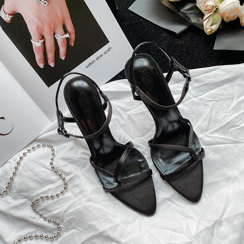 

High heels women s new open-toe one-word buckle sandals stiletto black cross-strap sexy 40