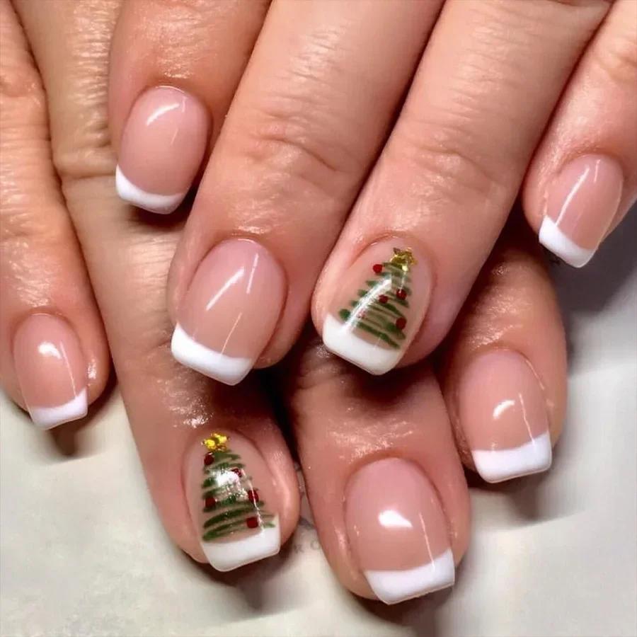 BEPAN 24Pcs Green Santa Press On Nails Short Glossy Square Full Cover Fake Nail Tips Christmas Tree with Glitter False Nail Festival