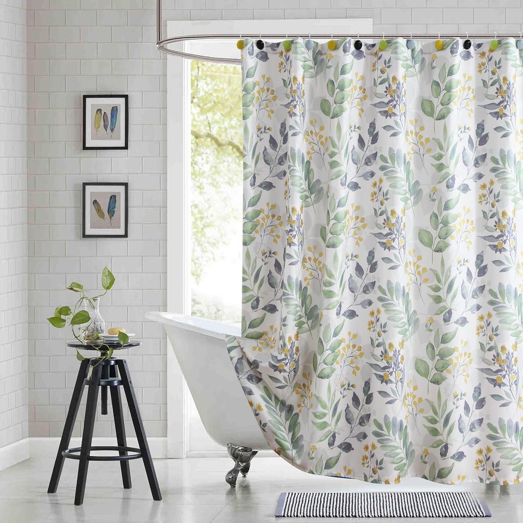 Floral Pattern Fabric Shower Curtain, Beige Gray Plant Bathroom Shower Curtain, Waterproof Bathroom Shower Curtain Curtain