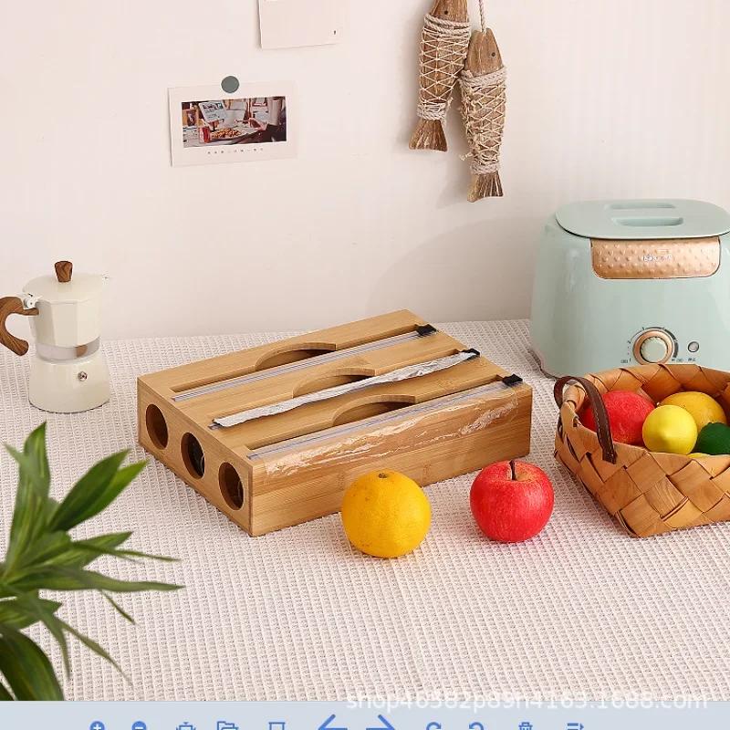 Bamboo Wrap Dispenser Storage Dispenser For Aluminum Foil Dispenser With Cutter Cling Film Holder Kitchen Accessories