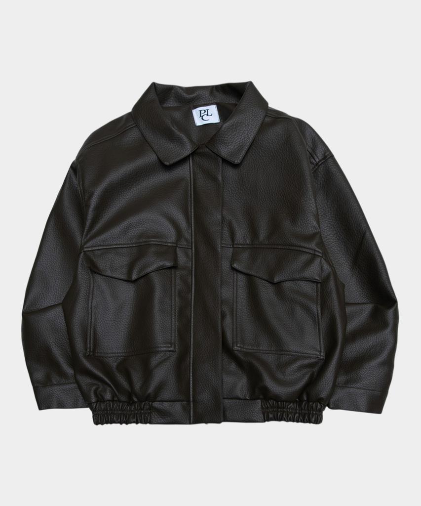 PLACESTUDIOMAN Veste Blouson Oversize Vintage à Grande Poche, Col Simple, Standard, Deux Sens, en Cuir_2 Couleurs