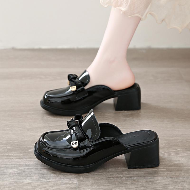 Fashion CRLAYDK Summer Mules Heels for Women Chunky Slip On Closed Round Toe Slides Backless Leather Bow Office Lady Dress Shoes