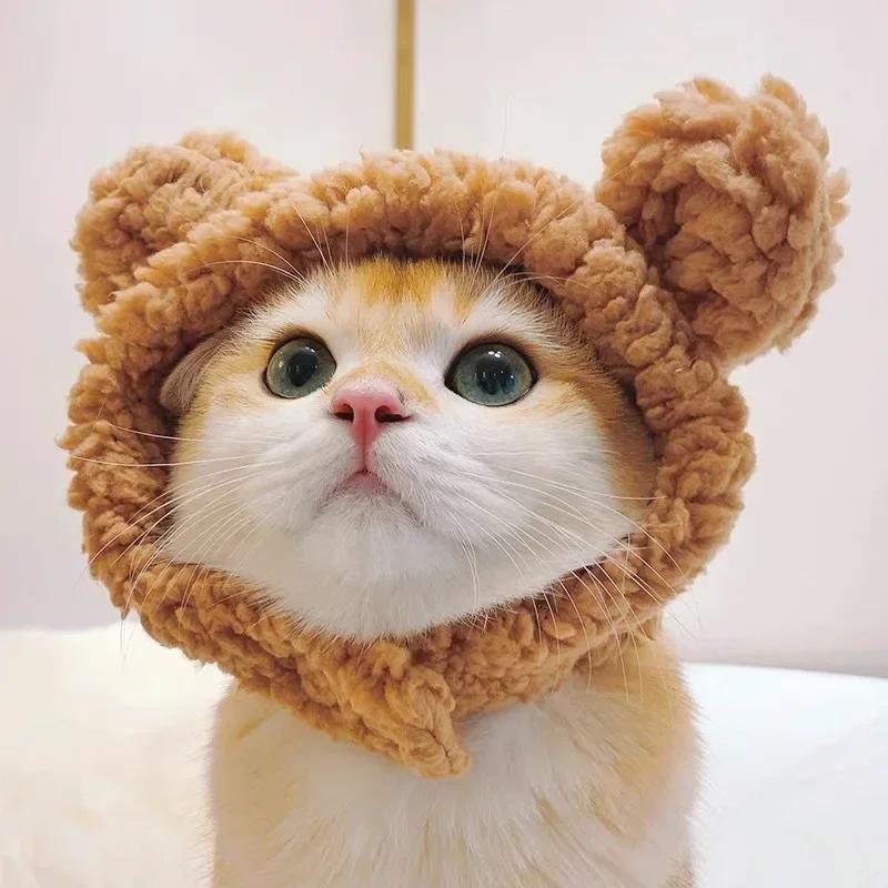 Funny Cat Cap Bear Plush Head Cover Cute Cat Dog Woven Warm Headdress Pet Hats Kitten Puppy Cosplay Costume Accessories