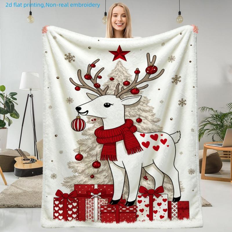 1pc Christmas Holiday Deer and Christmas Tree Printed Blanket, Festive Atmosphere, Multiple Sizes Available, Suitable for Living Room, Bedroom, Study,
