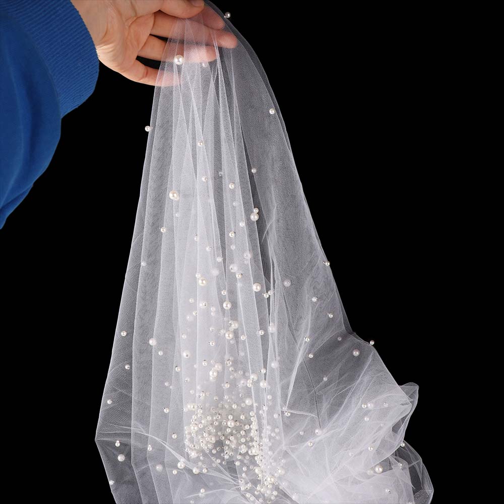 Vintage Long Wedding Veil Pearls Waist Length Drop Veil Pearls Tulle Bridal Veil  French Headdress