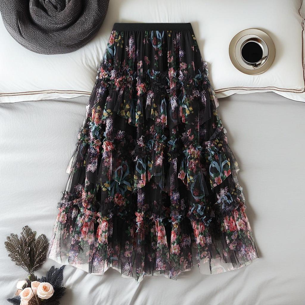 Γυναικεία Καλοκαιρινή Φλοράλ Διχτυωτή Φούστα Midi σε Γραμμή Α