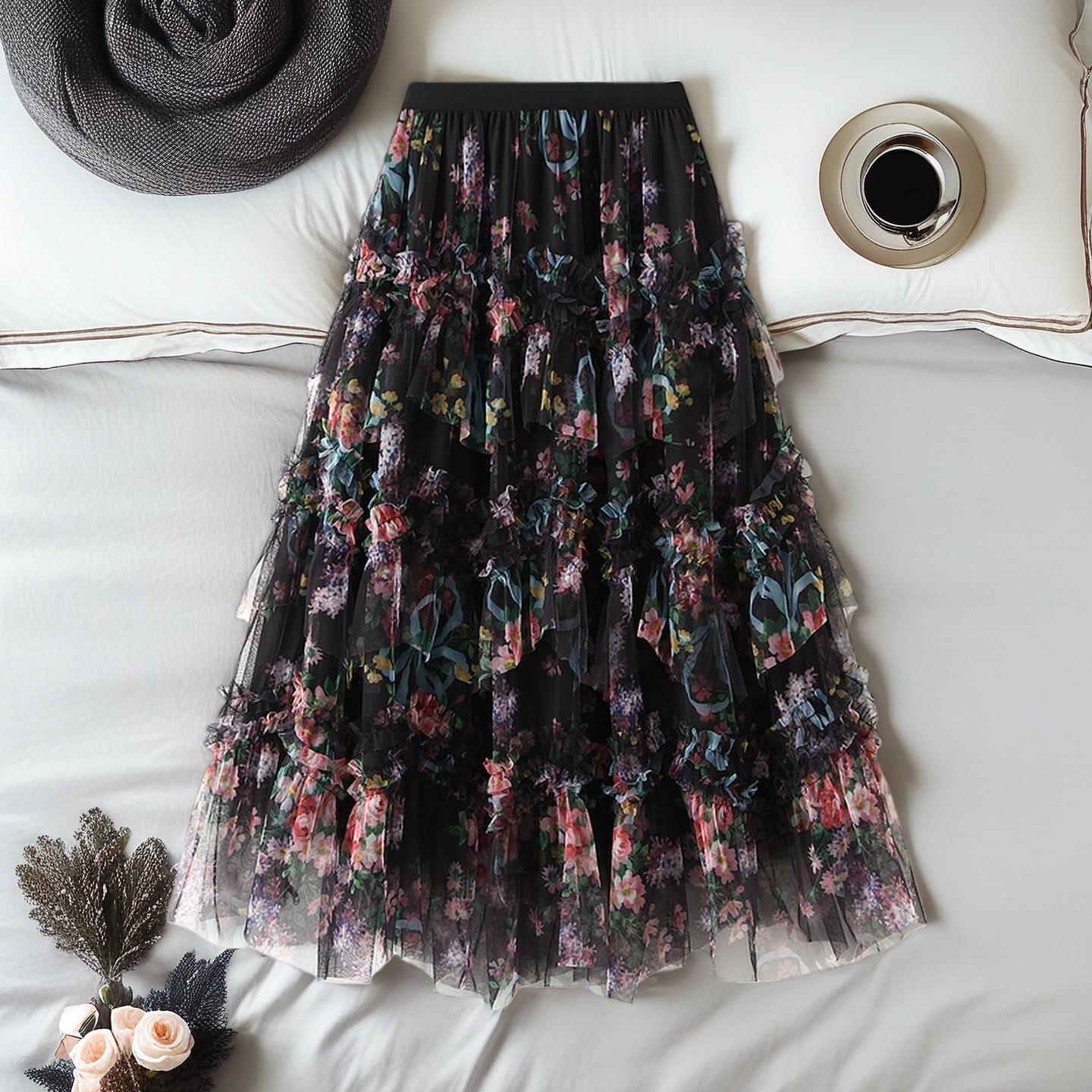 Женская летняя сетчатая юбка-миди А-силуэта с цветочным принтом One Size чёрный