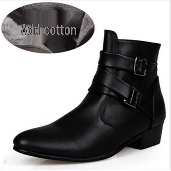 Men's Winter Plus Velvet Short Suede Boots – Korean Style, Trendy British High-Top with Inner Height Increase and Pointed Toe Design.
