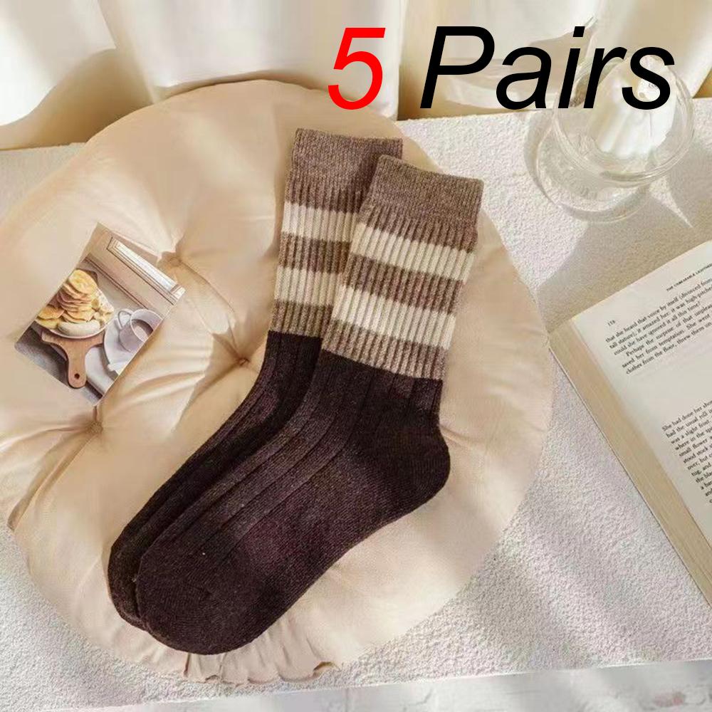 5 Pairs Women Parallel Bars Striped Mid Tube Socks Fashionable Autumn Winter Sweat Absorbing Warm Soft Comfortable Casual Socks