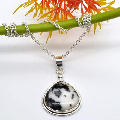 Collar de Plata de Ley 925 de Ópalo Dendrítico Natural, Diseño de Cadena Larga en Plata, Mujer