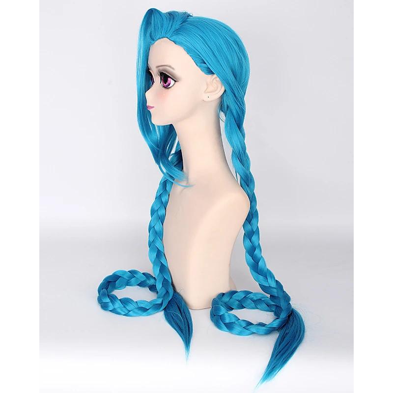 HAIRJOY Cosplay Lol Jinx 100cm Long Blue with Double Braids  Halloween  Anime Costume Wig Heat Resistant Synthetic Hair 38inches