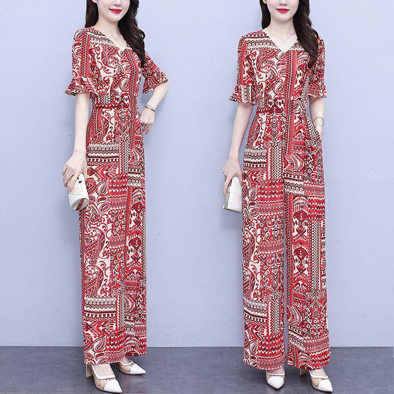 

Chic Summer Women s Chiffon Jumpsuit with Red Pockets - High-Waisted Slimming Wide-Leg Pants Set S (Recommended 85-94 lbs) красный