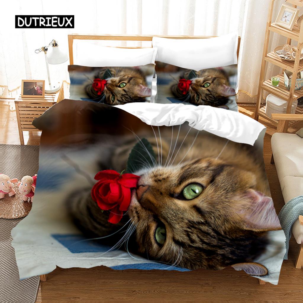 Duvet Cover 3D Cute Cat Dog Print Bedding Set Cute Duvet Cover Wild Animal Tribal Bed Cover Women Girls Kid Bedroom Decoration