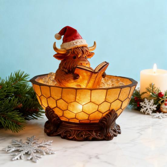 Highland Cow Bubble Bath Night Light Cute Highland Cow Reading Book Lamp 3D Resin Bathtub Highland Cow Sculpture for Indoor Desk Table Shelf Fireplace