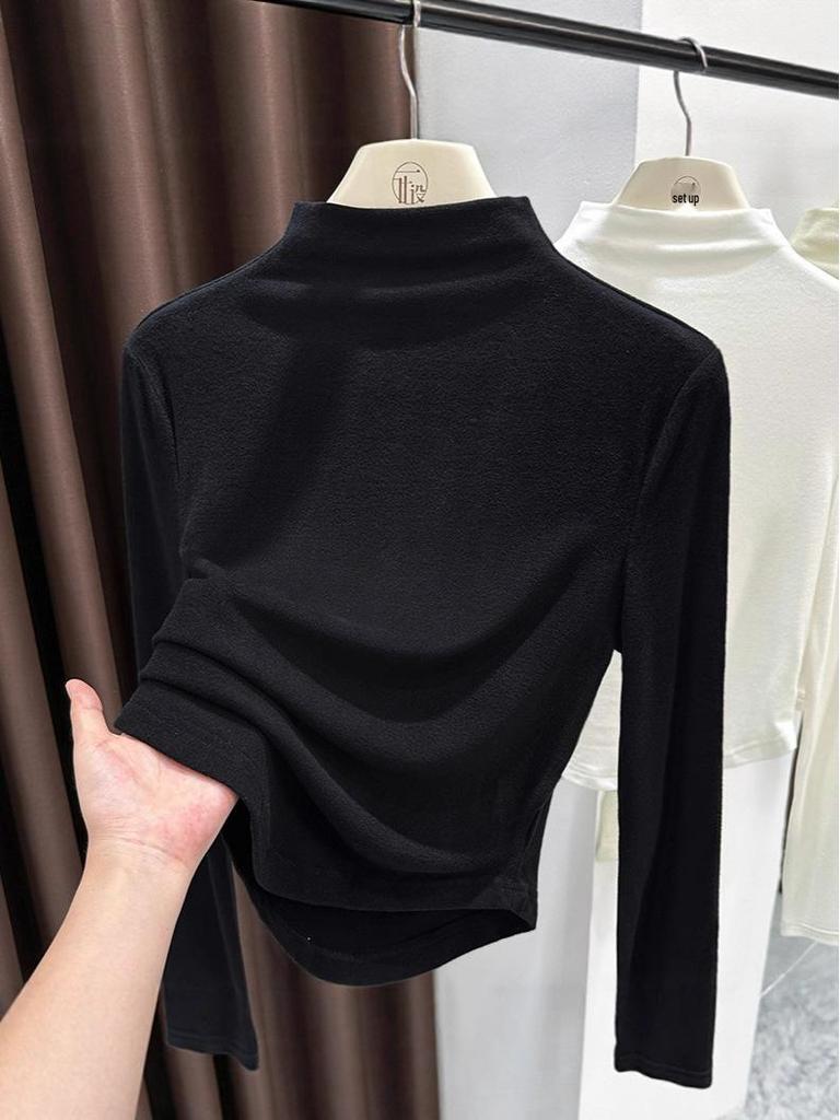 Women's Slim-Fit Gray Thermal Long-Sleeve T-Shirt with Half-High Neck for Autumn/Winter