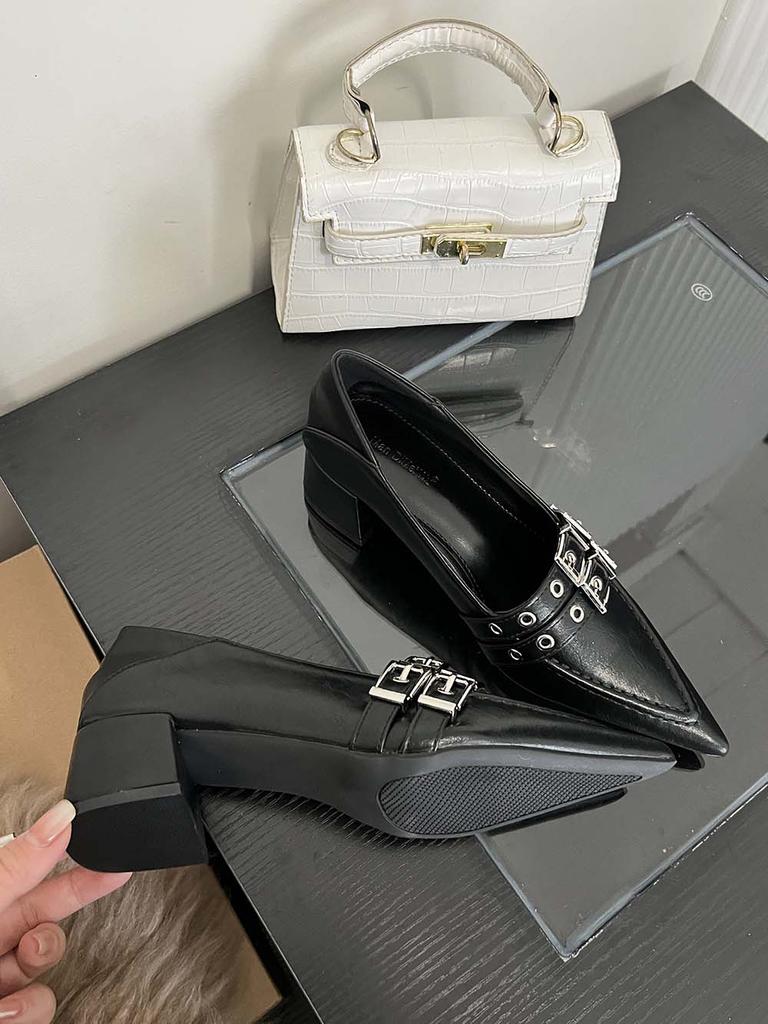 Fashion Fashion Women Loafers Pumps Pointed Toe Belt Buckle Rivet Design Slip On Autumn Spring Sexy Office Pumps Mules 35-39 Black Brown