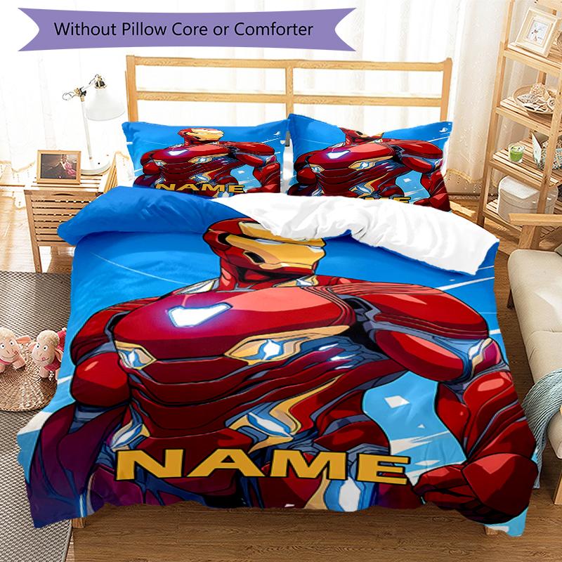 3pcs Custom Name Iron Man Bedding Set Duvet Cover Closure Includes 1 Duvet Cover & 2 Pillowcases, Soft and Comfortable for All Seasons.