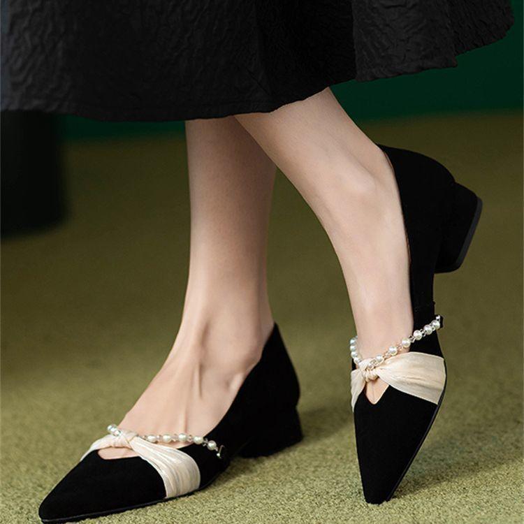 French retro beaded thick heel single shoes women's spring and autumn new one-pedal matte light mouth versatile low heel ladyshoes tide