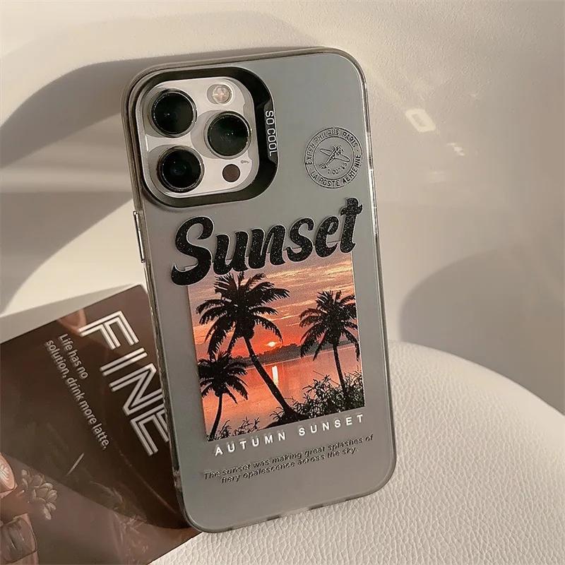 Sunset Coconut Tree Scenery Laser Phone Case For iPhone 16 15 14 13 12 11 Pro Max XS XR X 7 8 Plus SE  Shockproof Hard Cover