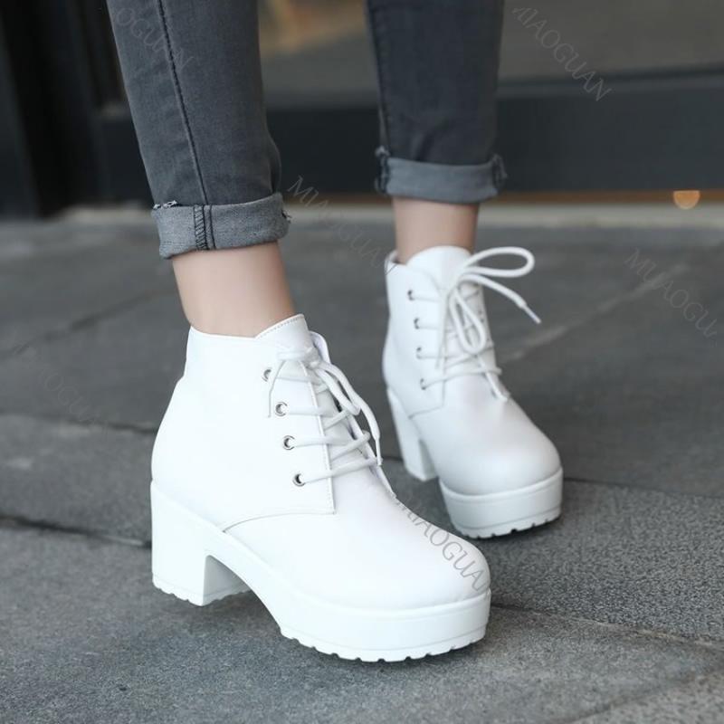 Fashion Women's Single Boots New Lace Up Horse Boots Square Heel Round Toe High Heeled Shoes Ladies Footwears Plus Size 35-45