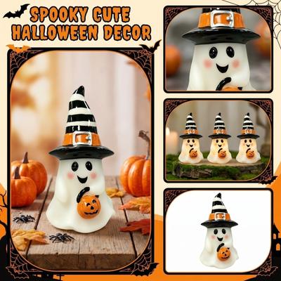 Halloween Pumpkin Witch Hat Resin Figurine Set - Cute Seasonal Decor for Home Shelf Mantel