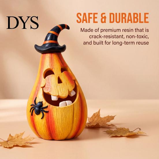 Holiday Gifts for Friends Halloween Smiling Pumpkin Ornament with Wizard Hat And Spider, Resin Tabletop Pear-shaped Figurine, Retro Statue Home