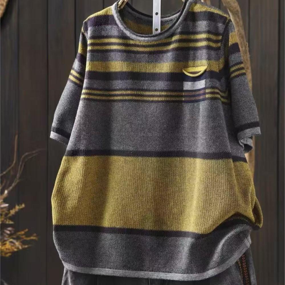 Johnature Women Vintage Striped T-Shirts Summer Chinese Style O-Neck Short Sleeve Knitted Female T-Shirts