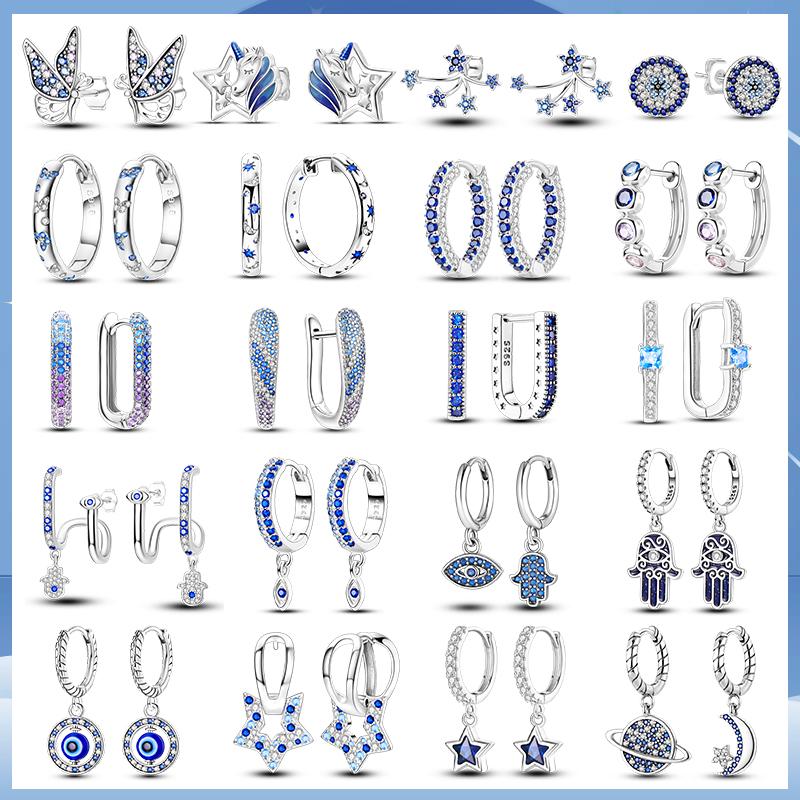 Sparkling Blue Zircon Hoop Earrings Pave U Shape Star Devil Eyes Circle S925 Drop Earring Fit Original Party Jewelry