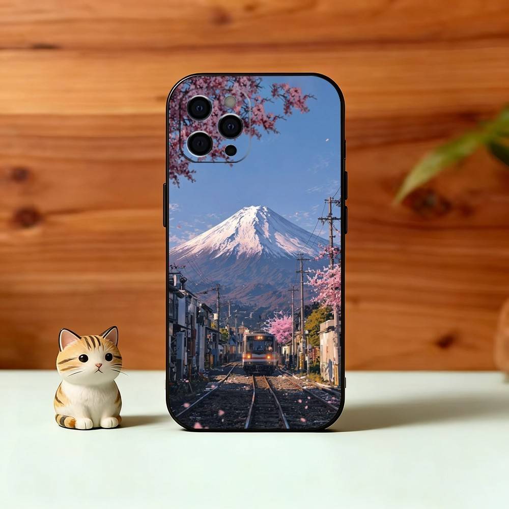 Dreamy Mount Fuji Phone Case For iPhone 17,16,15,14,13,12,11 Plus,Pro Max,XS,Soft Silicone Black Cover