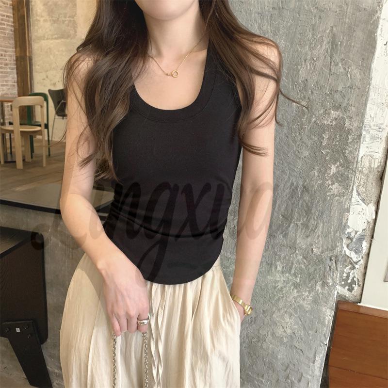 Korean Style Slim-Fit Cotton U-Neck Pleated Summer Tank Top for Women