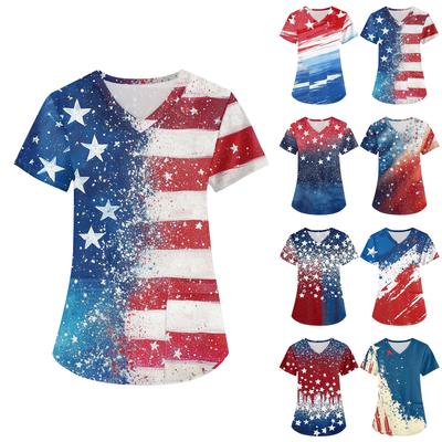 Women's Fashion V-neck Short Sleeve Workwear With Pockets Printed Tops