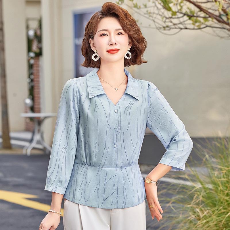 

Stylish Summer Lapel Top for Middle-Aged Women - Slimming Three-Quarter Sleeves 2026 4XL синий