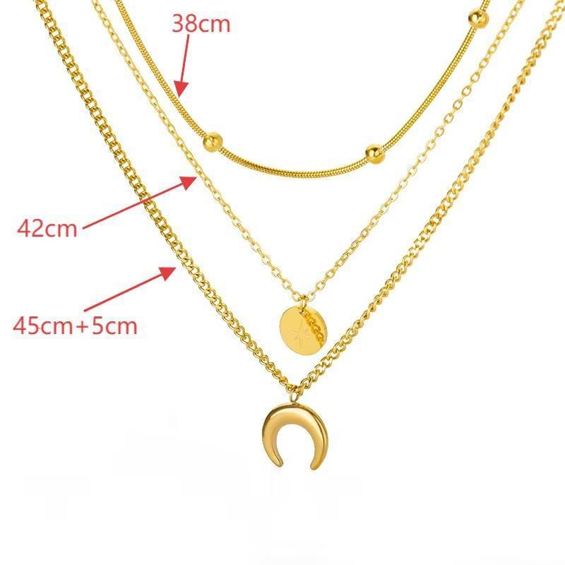 Titanium Steel Multi-layer Moon Disc Pendant Necklace Female Retro Style High-end Temperament Stacked Collarbone Chain