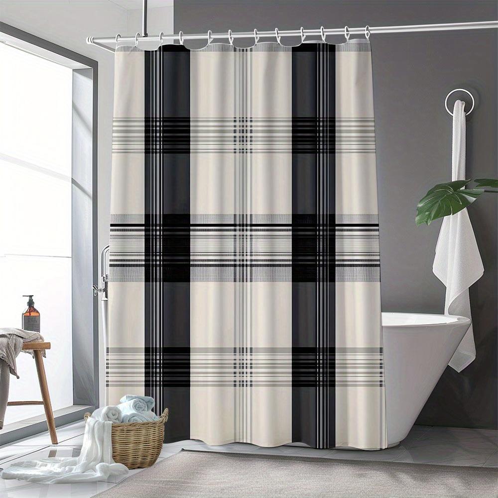 

Plaid Curtain With Hooks - Black & White Stripes, Polyester, Machine Washable W60H190(CM)-1 Pcs