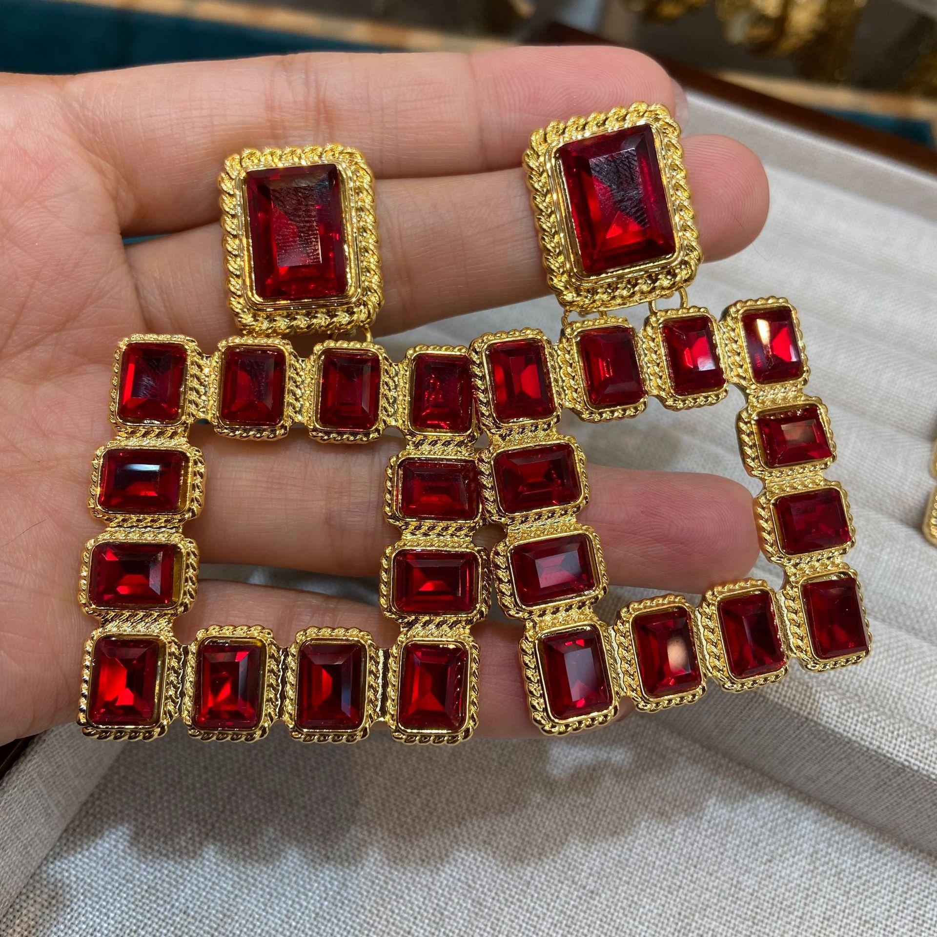 

Copper gold-plated gemstone hollow square earrings women s exaggerated square earrings jewelry fashion