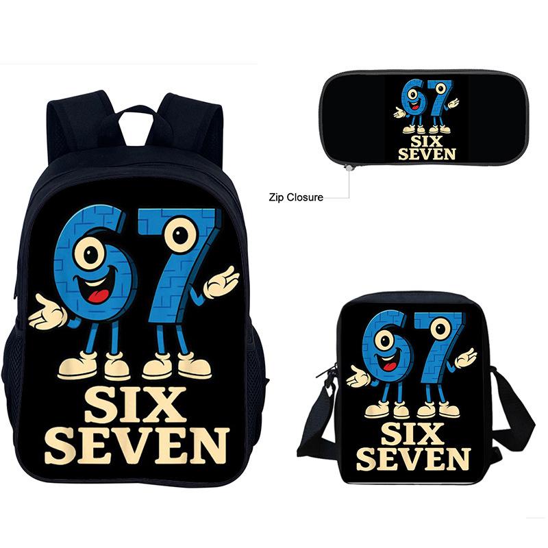 New 3Pcs Creative Number 67 Print Backpack Set Primary Middle School Students Casual Schoolbag Kit With Pencil Case Back To School Gift