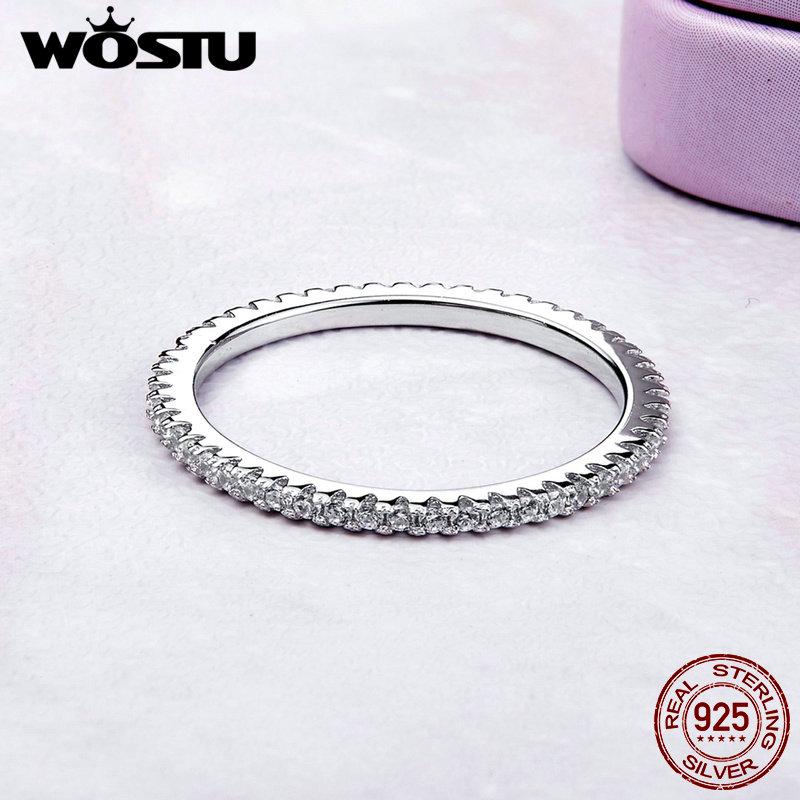 WOSTU 925 Silver Simple Stackable Ring For Women Wedding AAA Zircon Band engagement Rings Size 6 7 8 9 10 Jewelry Gift