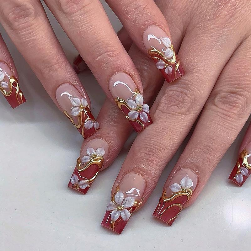 24PCS Square with Press on Nails Luxury Nude Pink Leopard Flower Artistic Fake Nails French Vintage Elegant Design False Nails