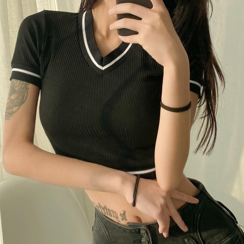 :Short Slim T-shirt For Women Short-sleeved Tops Summer Solid Color Shirt